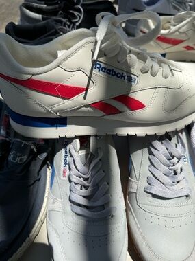 Reebok Men's White Leather Sneakers with Red & Blue Accents